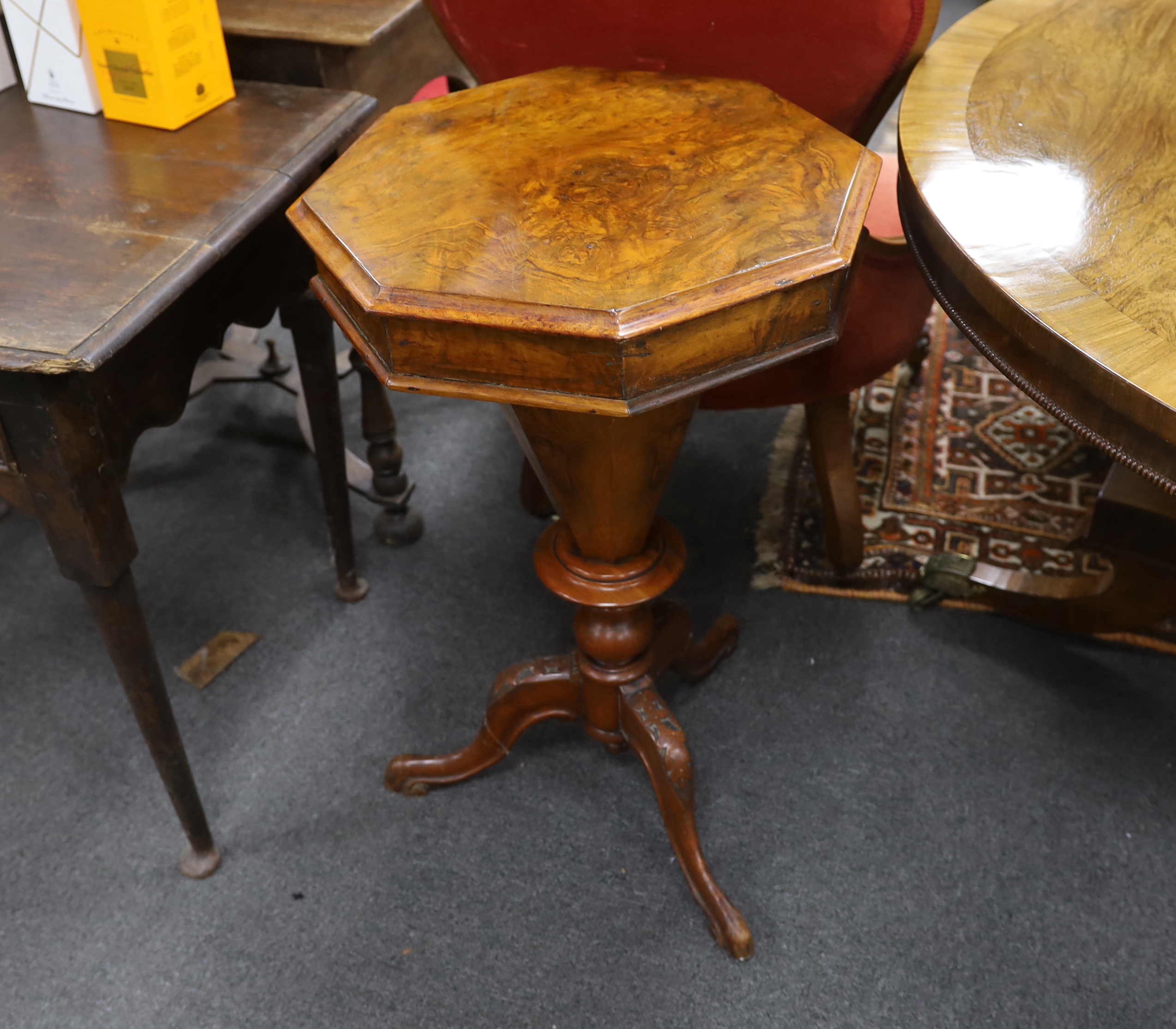 A Victorian octagonal walnut trumpet work table, height 72cm, together with a Victorian spoonback nursing chair